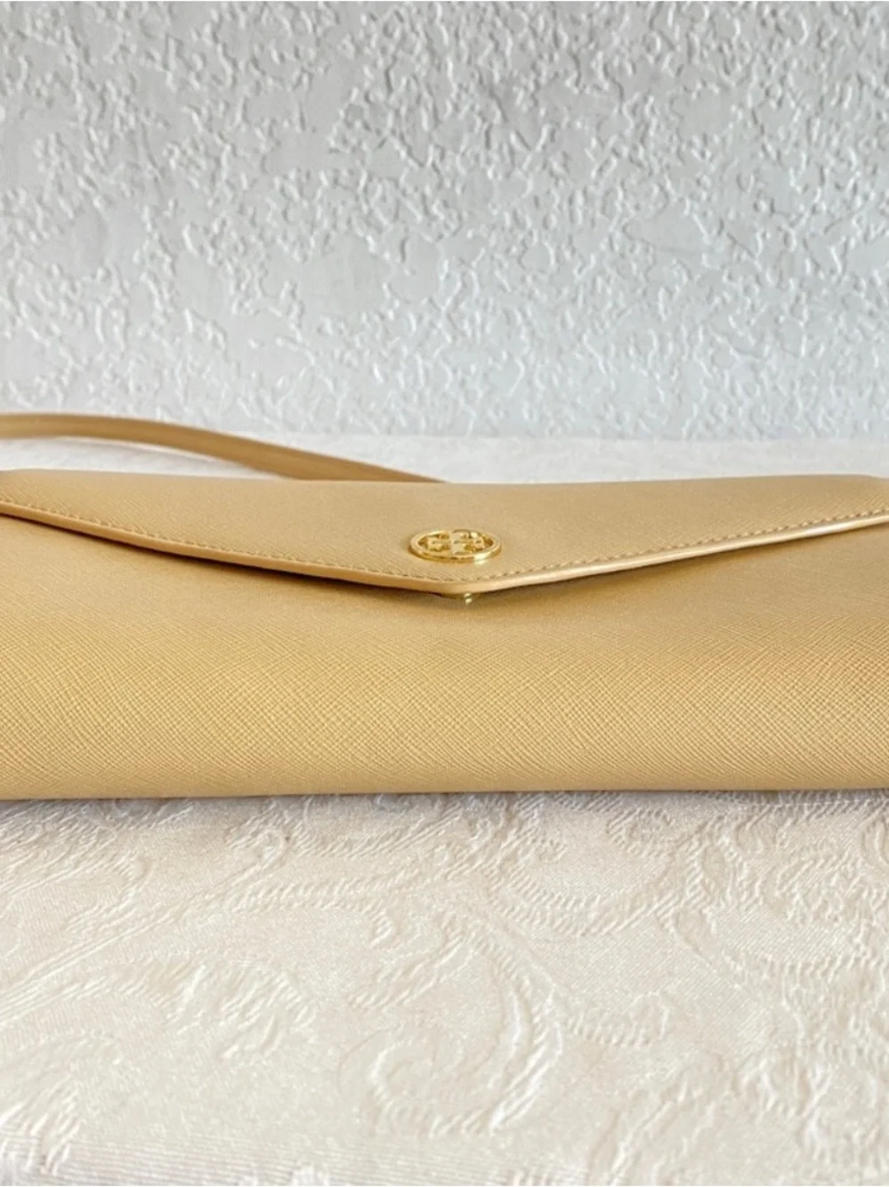 Tory Burch Beige Envelope Crossbody with Gold Logo